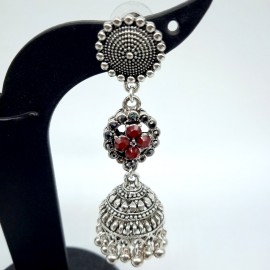 Oxidized Silver Earnings  with Red Colour Stones